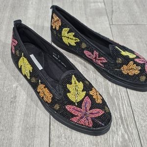 Vintage 90s COLORWERKS Women Black Beaded Leaves Pink Slip On Flats Sneakers 9M